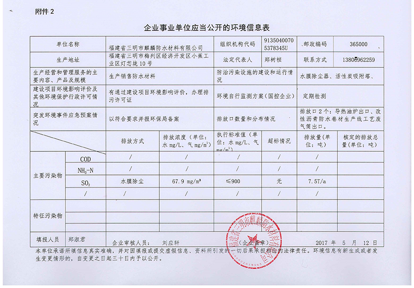 福建省三明市麒麟防水材料有限公司環境信息表